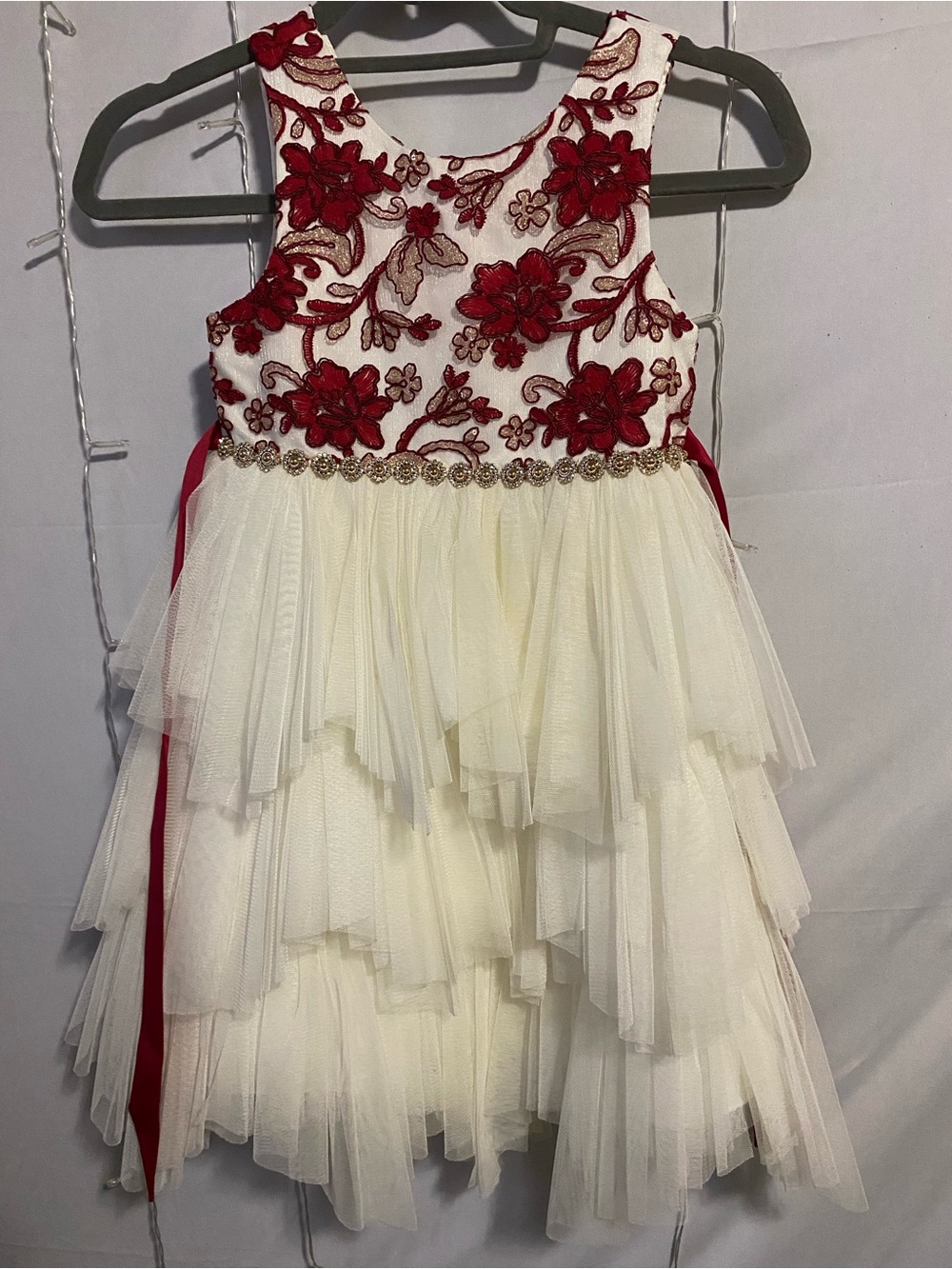 Ivory and Red Floral Tulle Party Dress for Girls